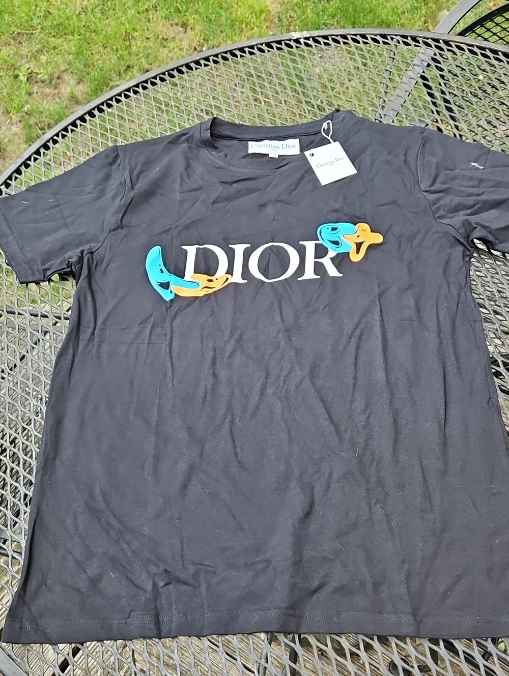 Dior Black Logo T‑Shirt with Blue and Yellow Accents